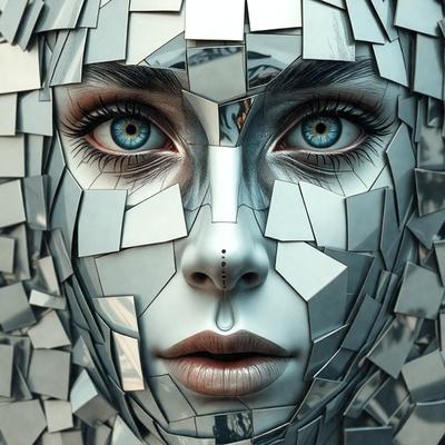 The primary subject of the image is a woman with a unique and artistic appearance. She is wearing a headpiece made of mirrors, which adds a visually striking element to her look. The setting is a room with a mirrored surface, which further enhances the visual impact of the woman's outfit. The visual style of the image is a combination of digital art and illustration, creating a surreal and intriguing atmosphere. The colors and mood of the image are predominantly dark and mysterious,